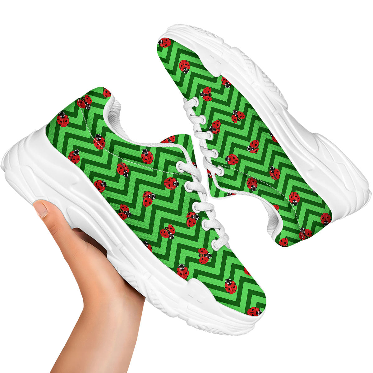 Ladybug Zigzag Green Pattern White Chunky Shoes-grizzshop