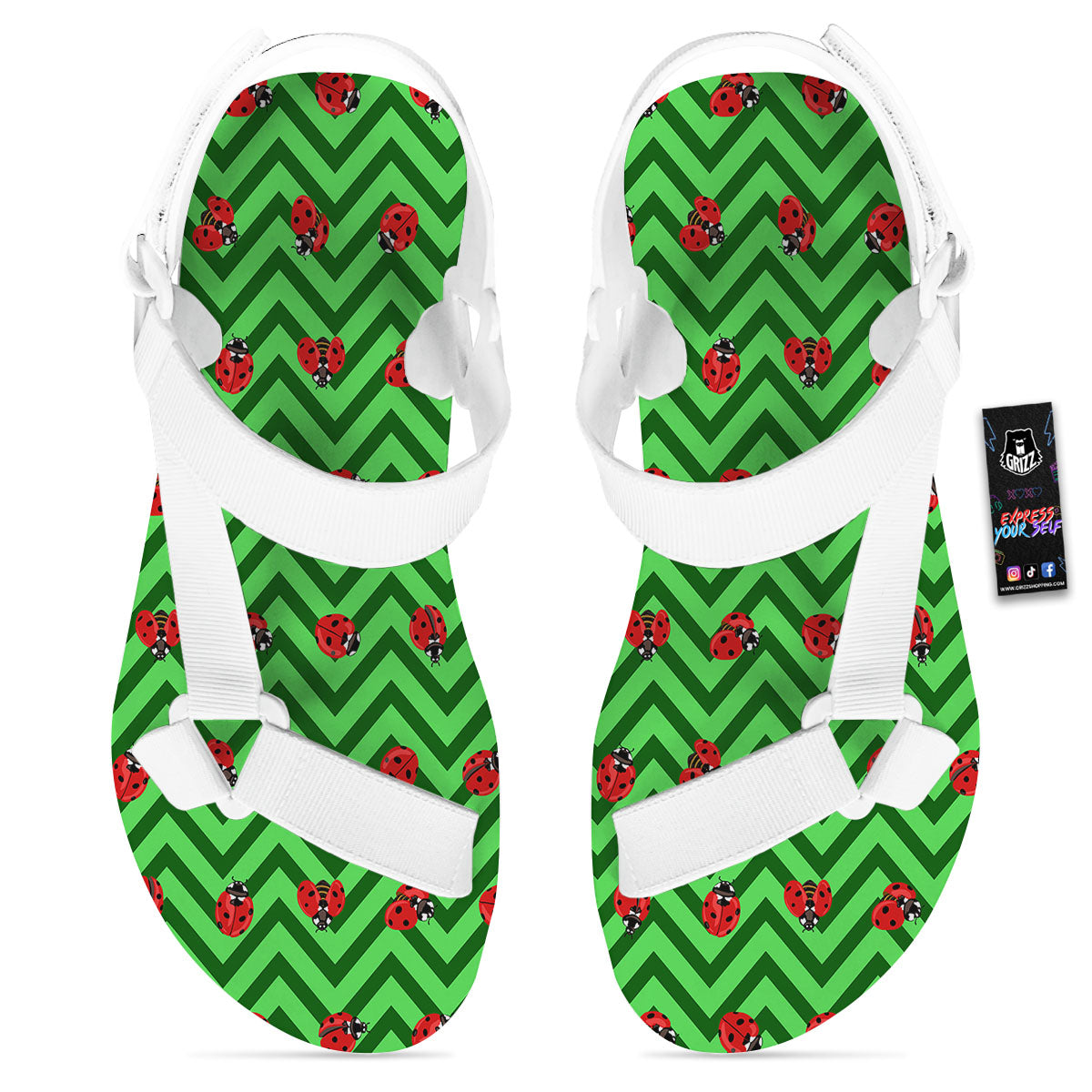 Ladybug Zigzag Green Pattern White Open Toe Sandals-grizzshop