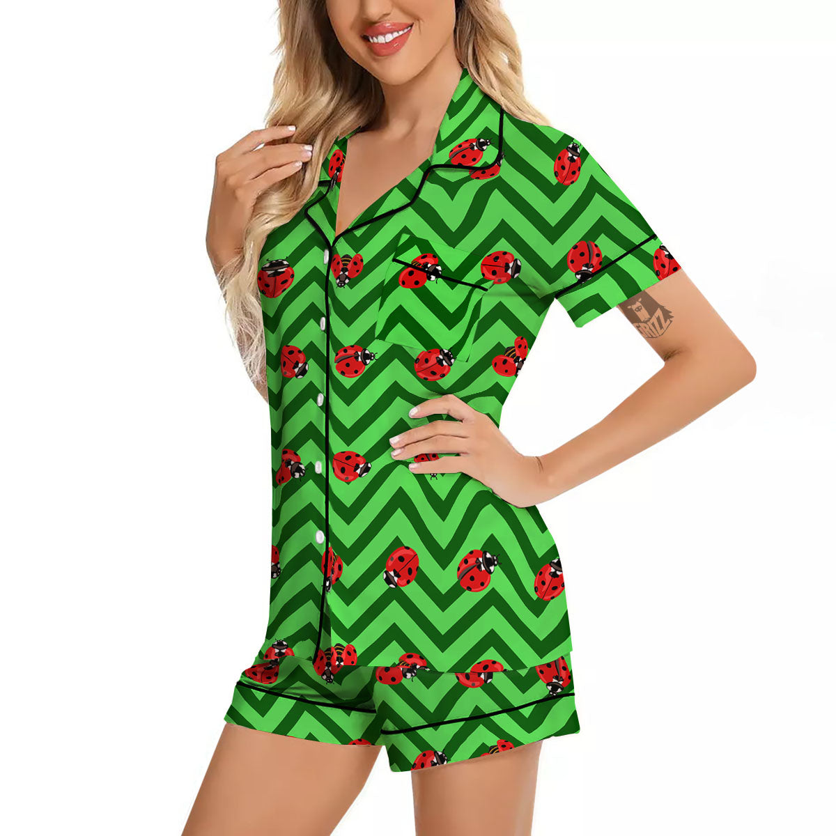 Ladybug Zigzag Green Pattern Women Silk Pajamas-grizzshop