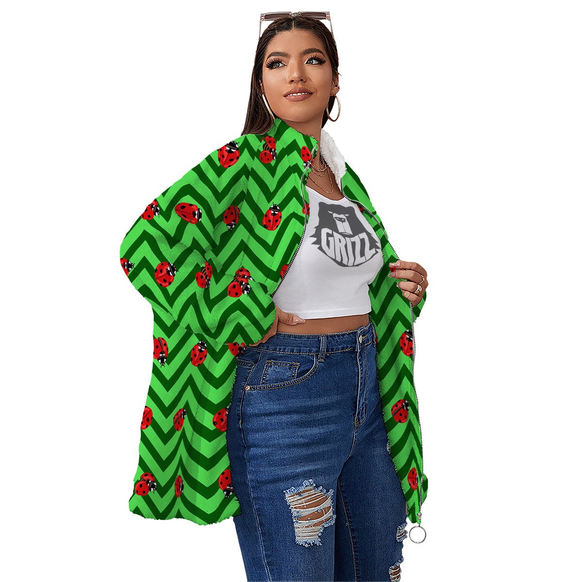 Ladybug Zigzag Green Pattern Women's Sherpa Jacket-grizzshop