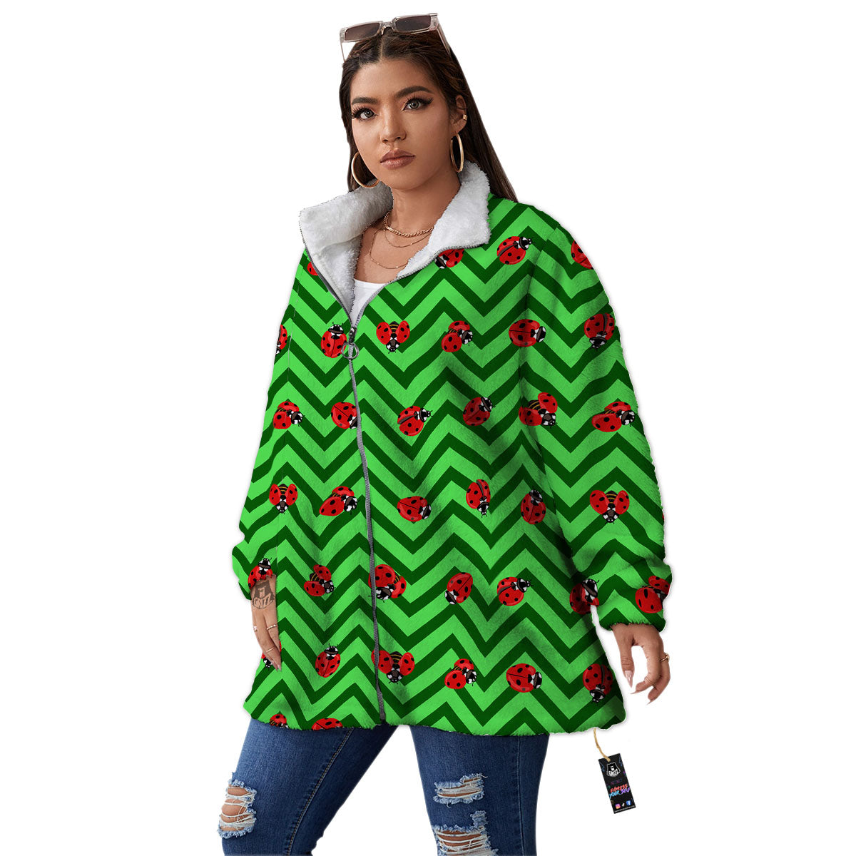 Ladybug Zigzag Green Pattern Women's Sherpa Jacket-grizzshop
