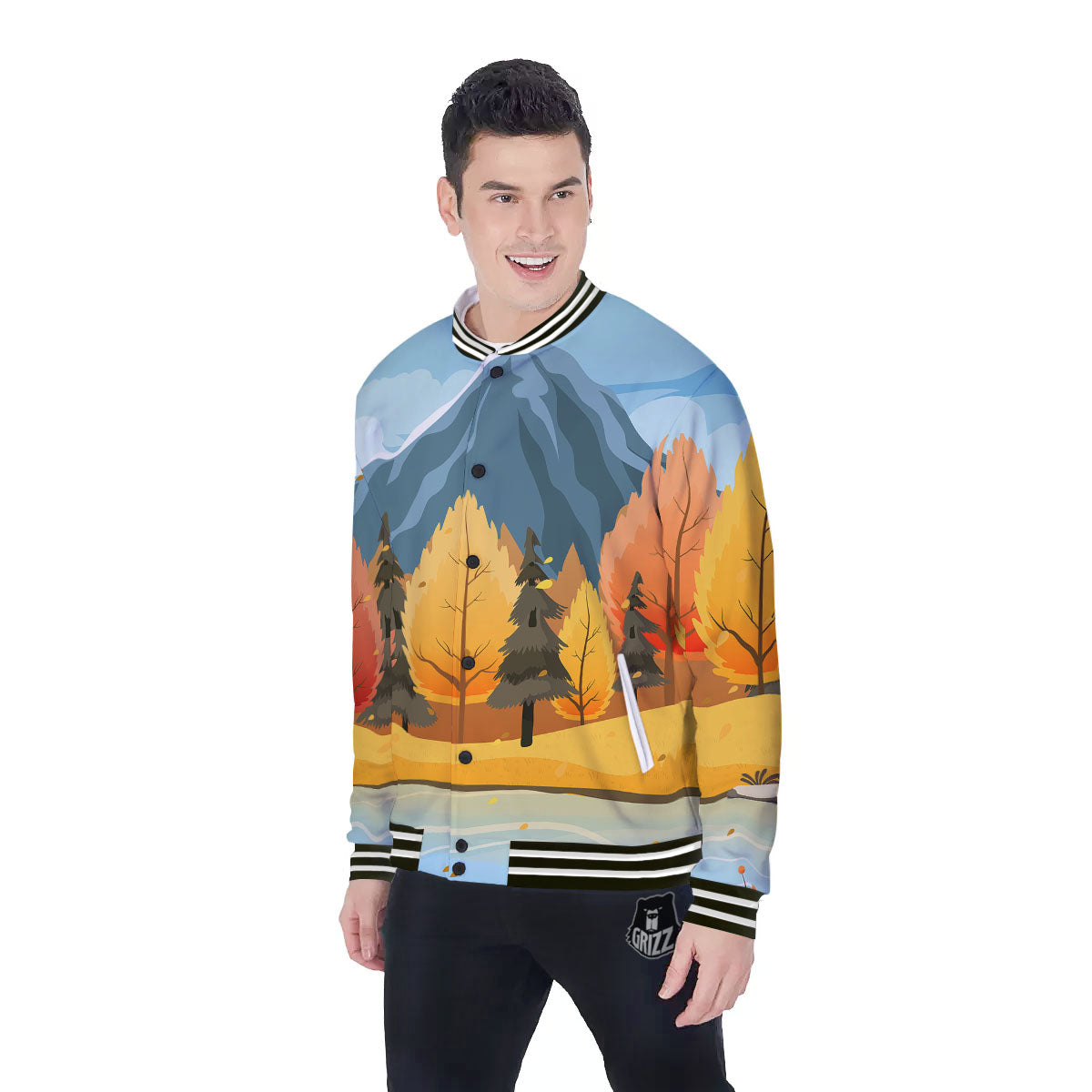 Lake Autumn Print Baseball Jacket-grizzshop