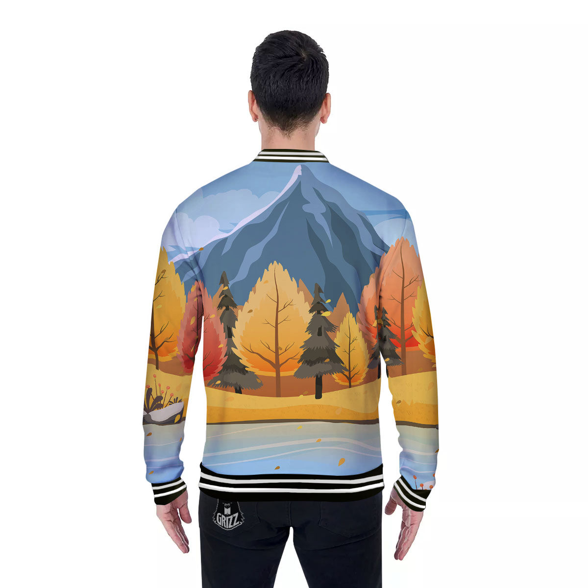Lake Autumn Print Baseball Jacket-grizzshop