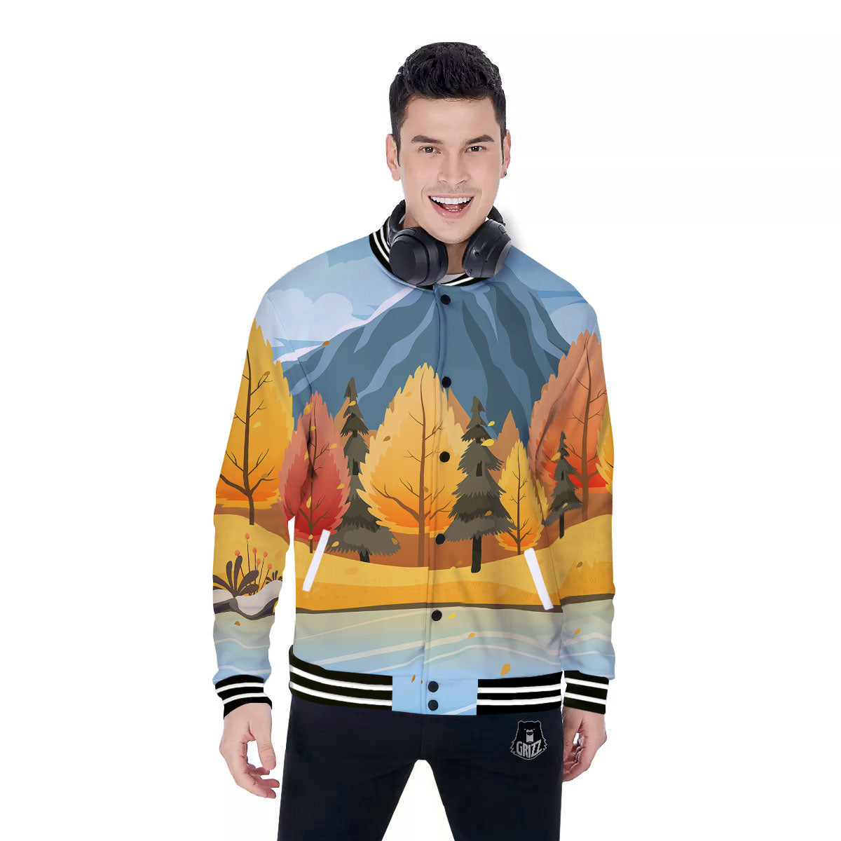 Lake Autumn Print Baseball Jacket-grizzshop
