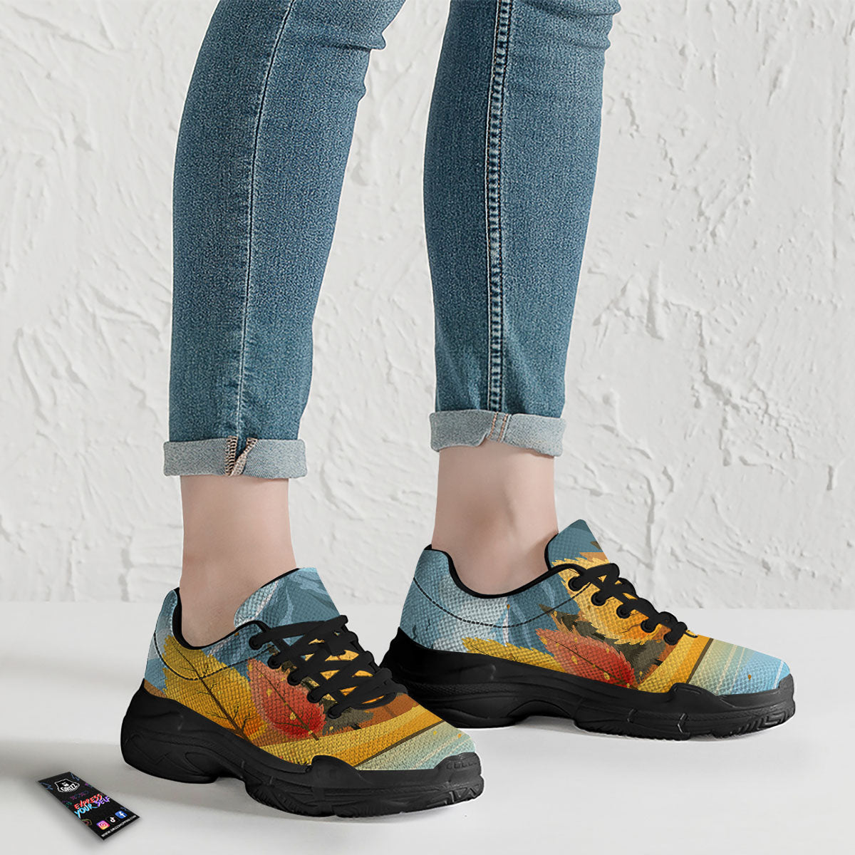 Lake Autumn Print Black Chunky Shoes-grizzshop