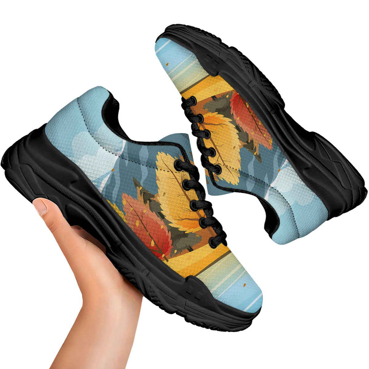 Lake Autumn Print Black Chunky Shoes-grizzshop