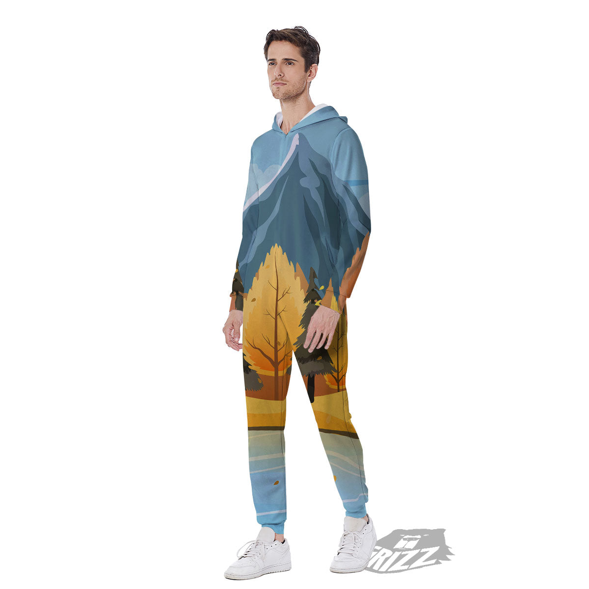 Lake Autumn Print Men's Jumpsuit-grizzshop