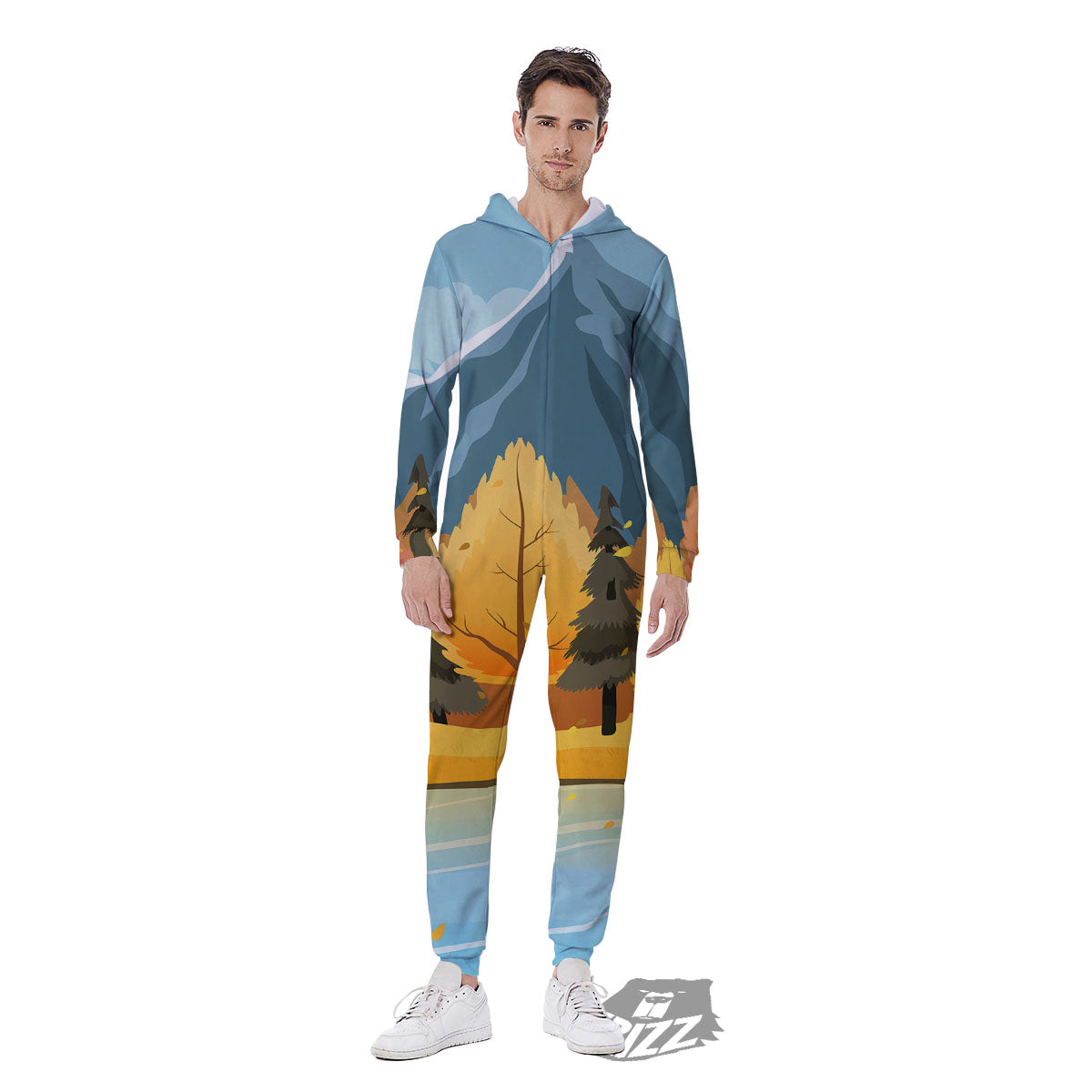 Lake Autumn Print Men's Jumpsuit-grizzshop