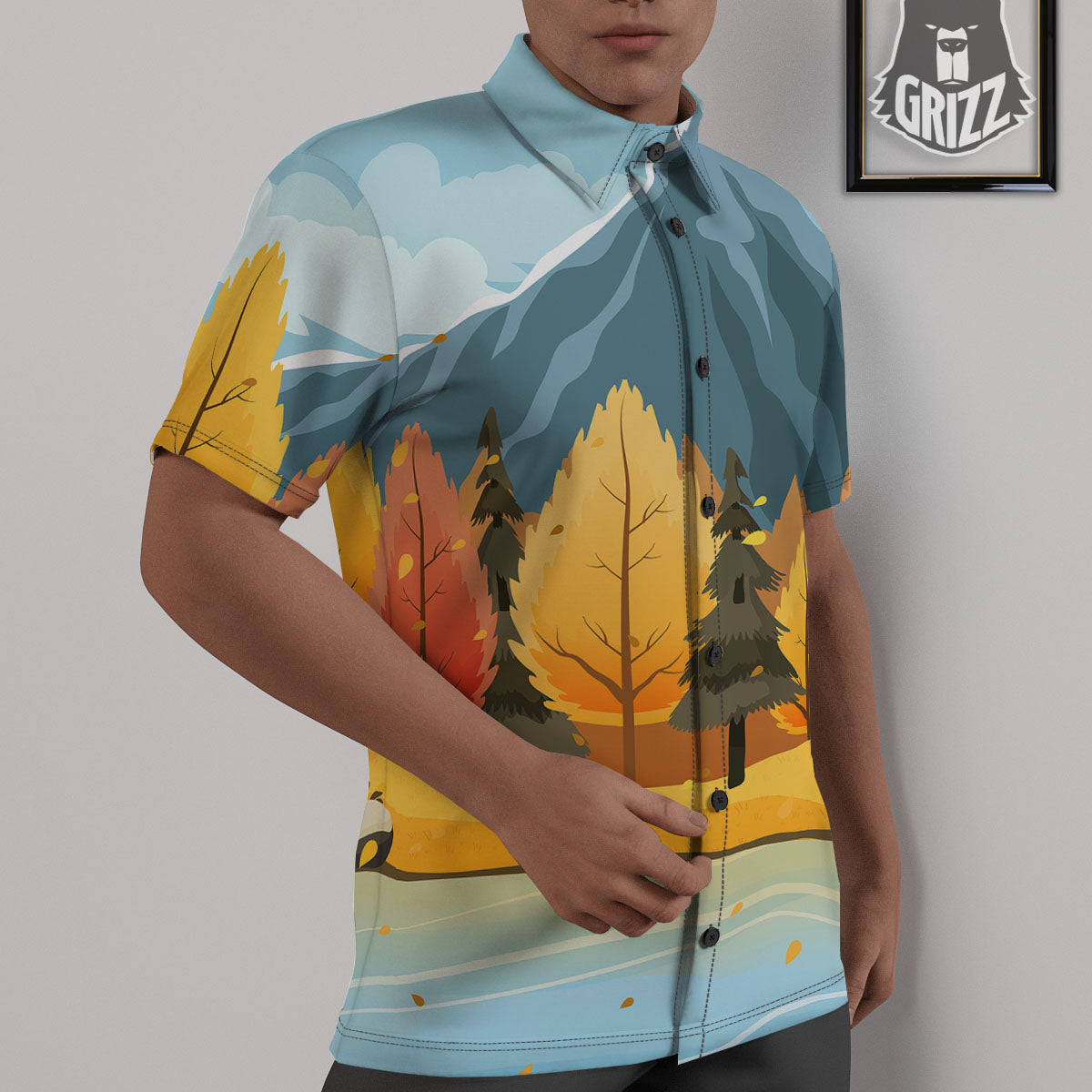 Lake Autumn Print Untucked Shirts-grizzshop