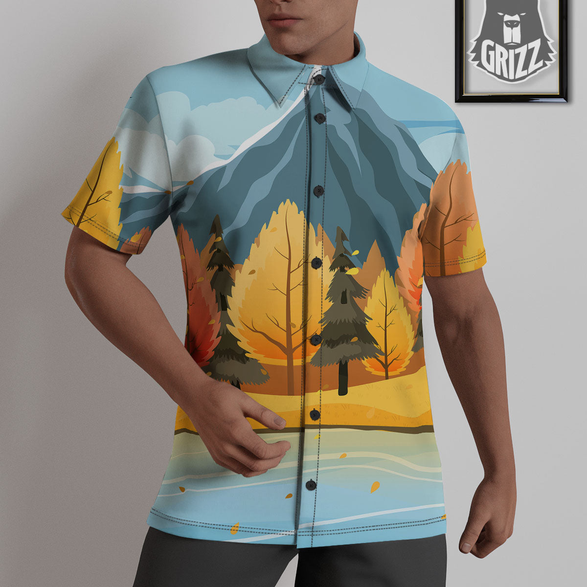 Lake Autumn Print Untucked Shirts-grizzshop