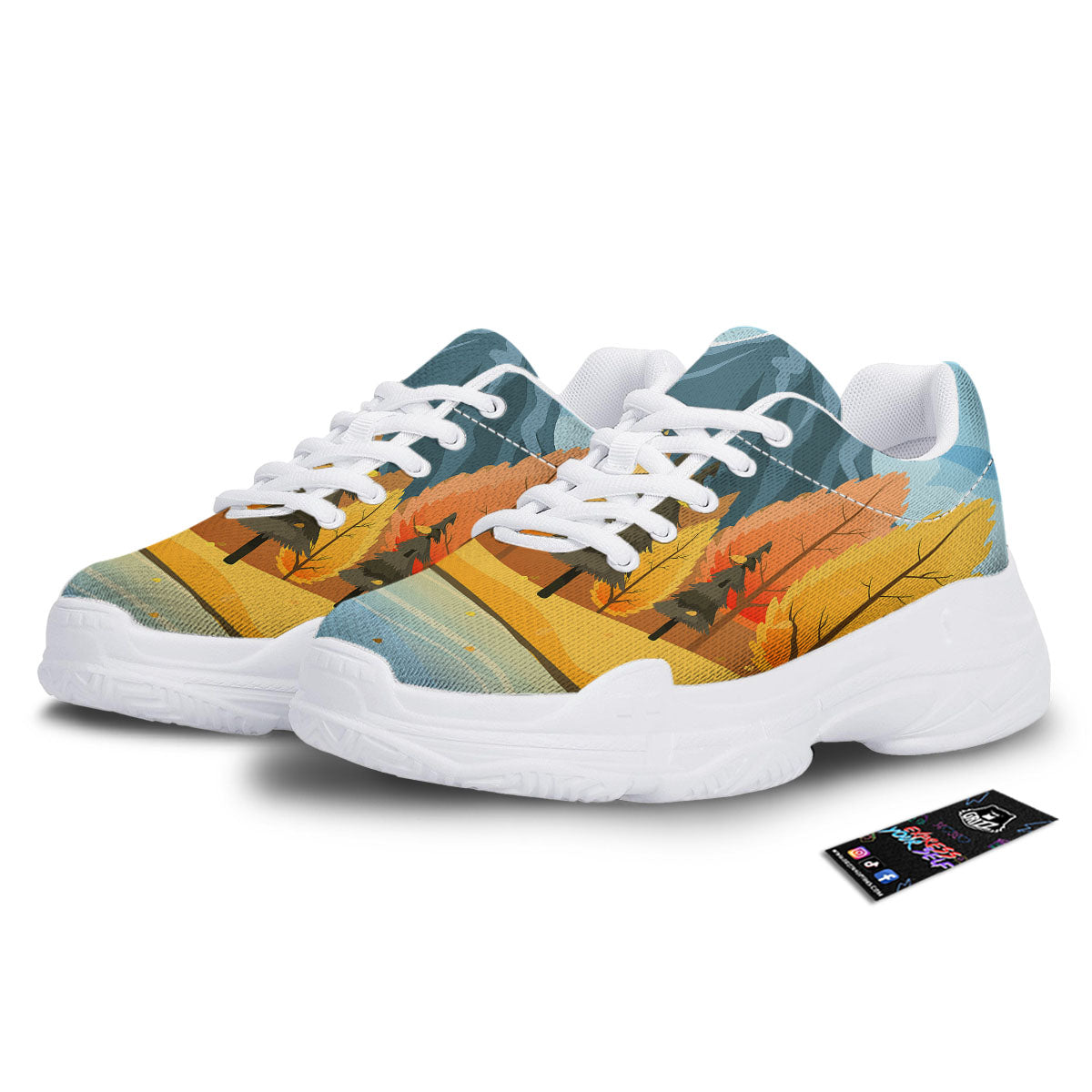 Lake Autumn Print White Chunky Shoes-grizzshop