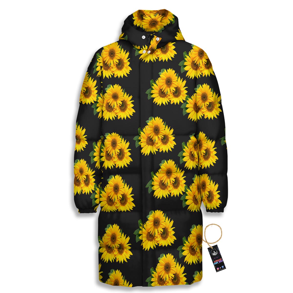 Landscape Sunflower Print Pattern Long Down Jacket-grizzshop