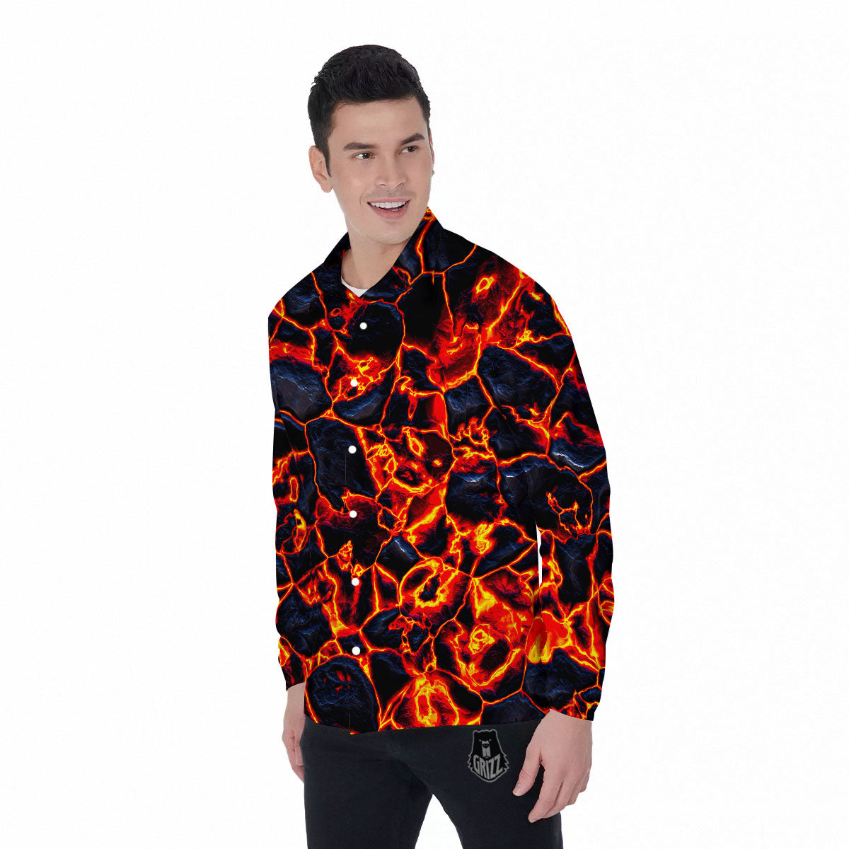 Lava Molten Print Men's Long Sleeve Shirts-grizzshop