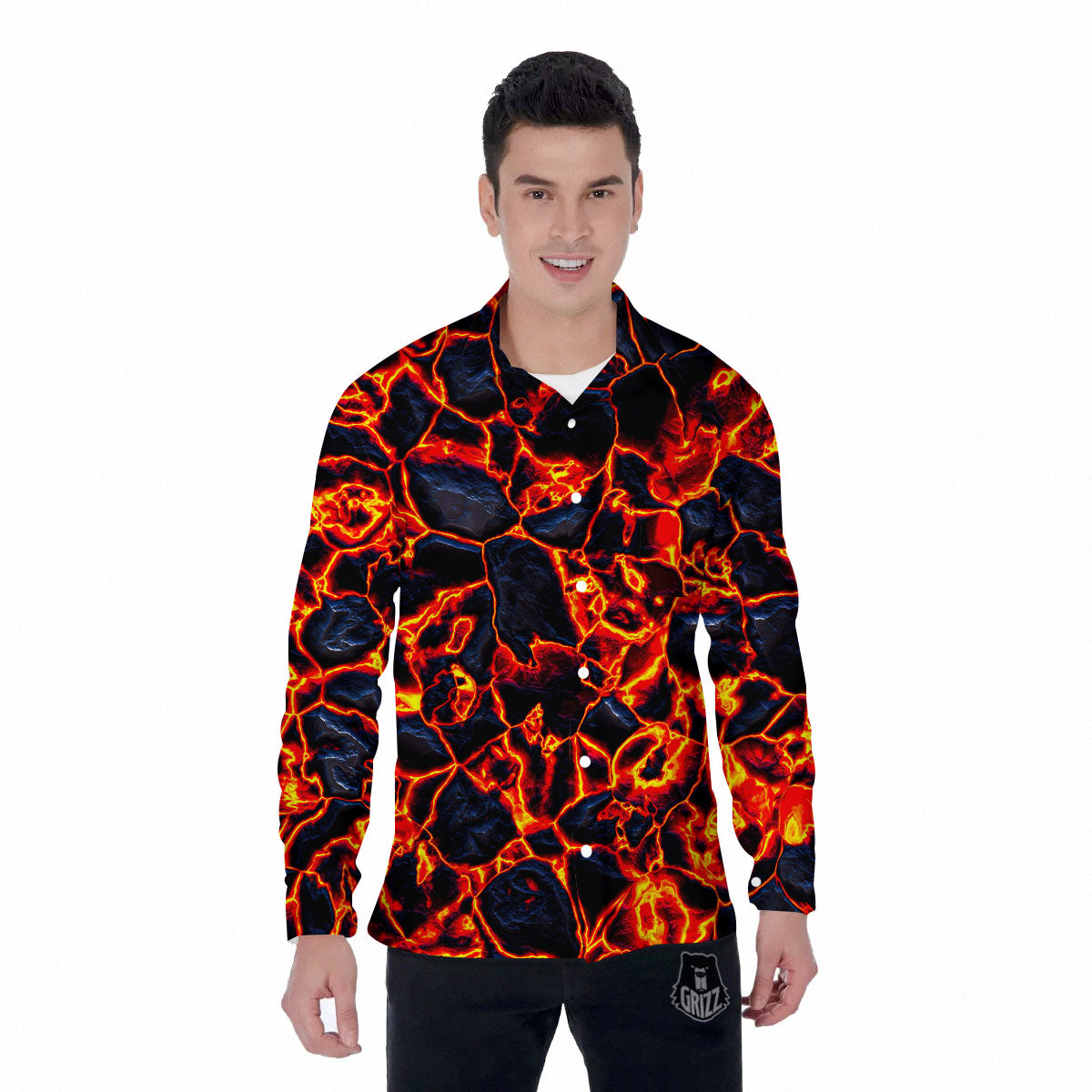 Lava Molten Print Men's Long Sleeve Shirts-grizzshop