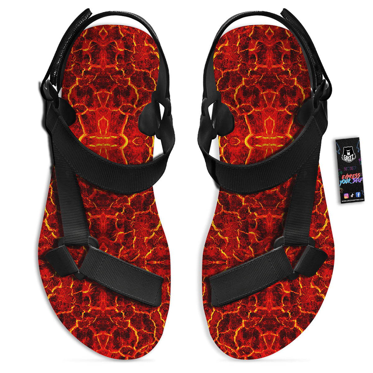 Lava Red Print Pattern Black Open Toe Sandals-grizzshop
