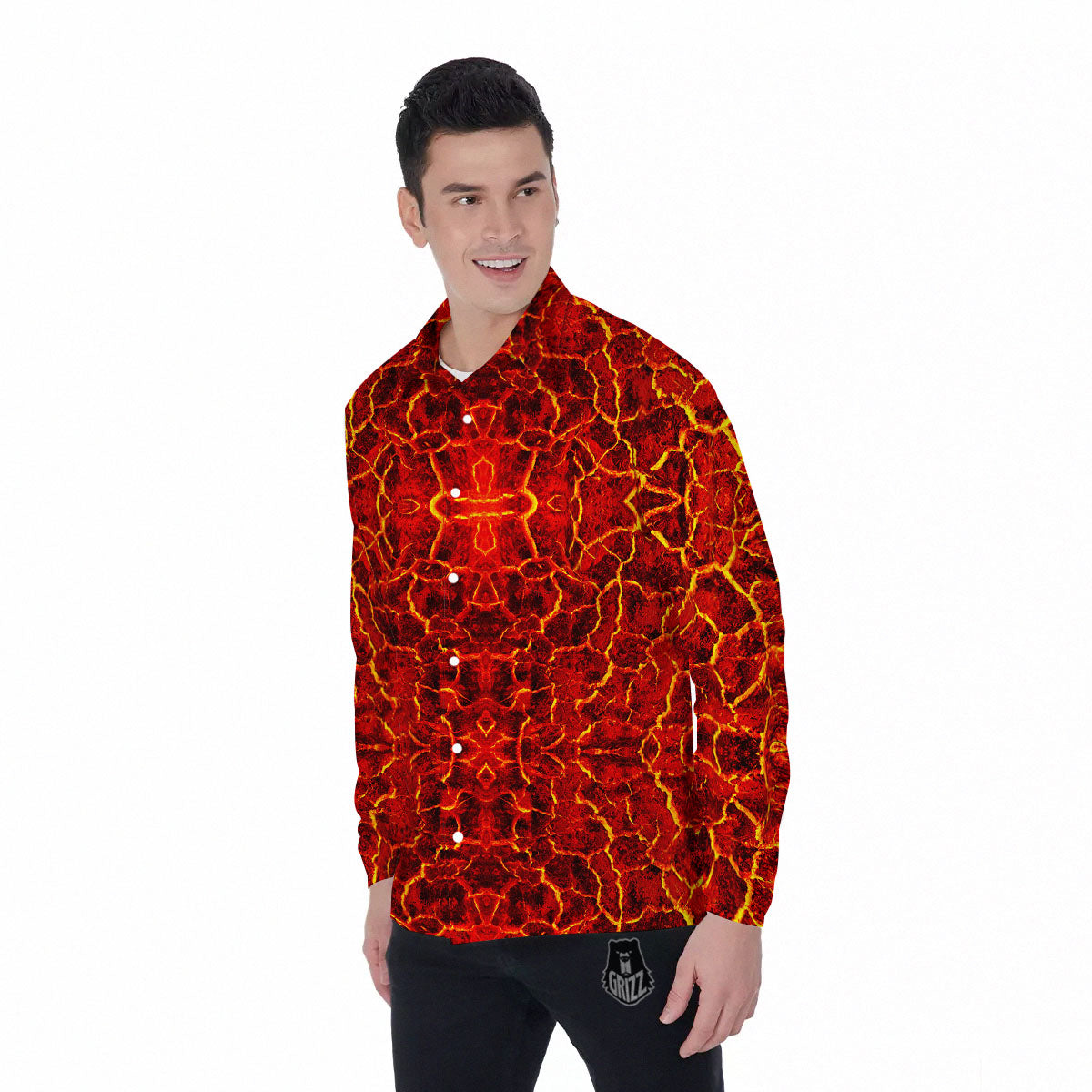 Lava Red Print Pattern Men's Long Sleeve Shirts-grizzshop