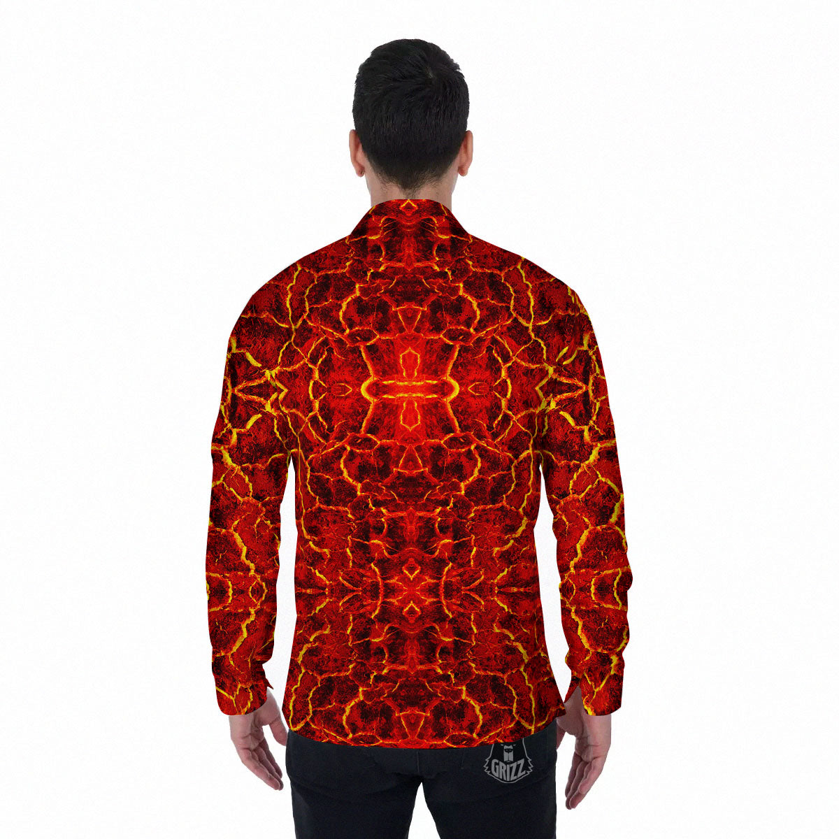 Lava Red Print Pattern Men's Long Sleeve Shirts-grizzshop