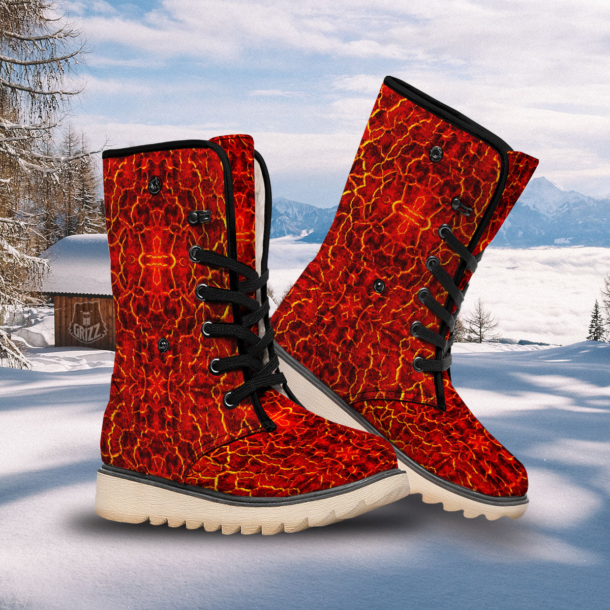 Lava Red Print Pattern Snow Boots-grizzshop