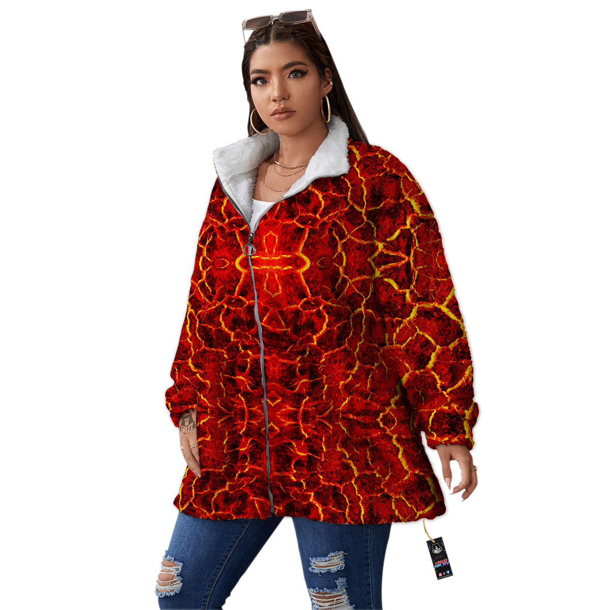 Lava Red Print Pattern Women's Sherpa Jacket-grizzshop
