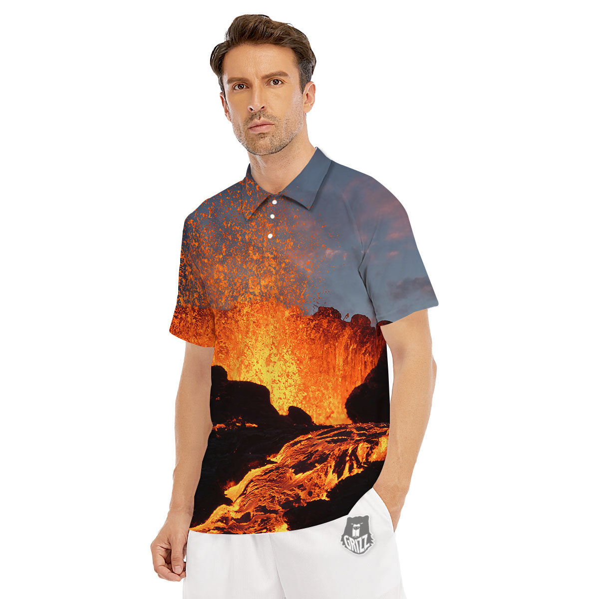 Lava Volcano Print Men's Golf Shirts-grizzshop