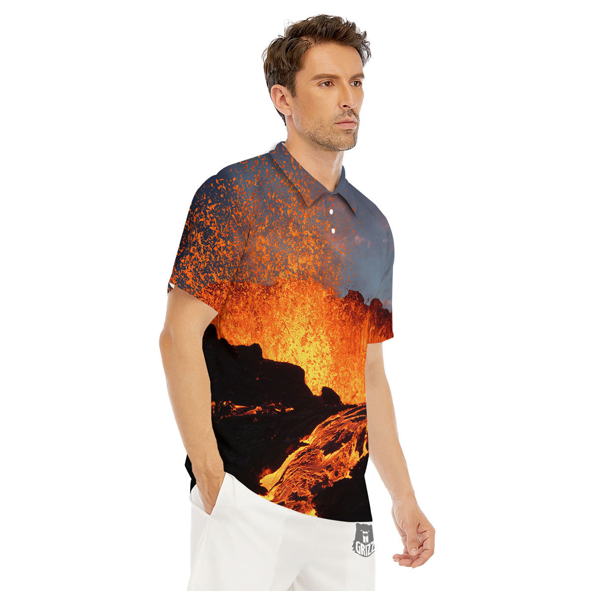 Lava Volcano Print Men's Golf Shirts-grizzshop