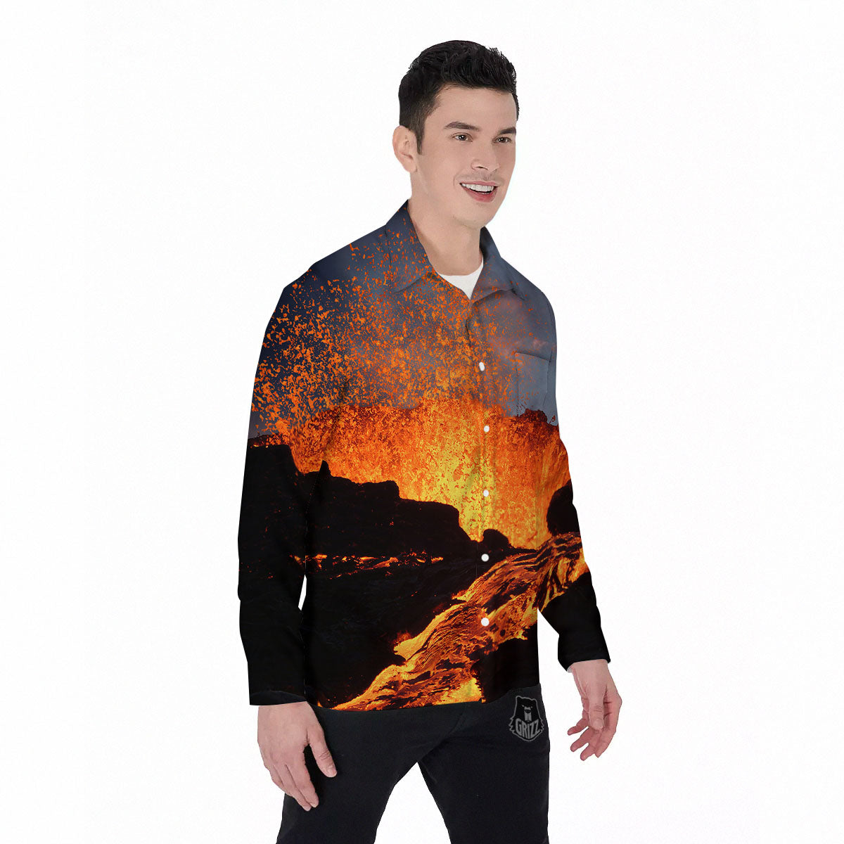 Lava Volcano Print Men's Long Sleeve Shirts-grizzshop