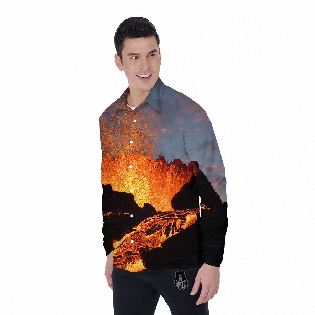 Lava Volcano Print Men's Long Sleeve Shirts-grizzshop