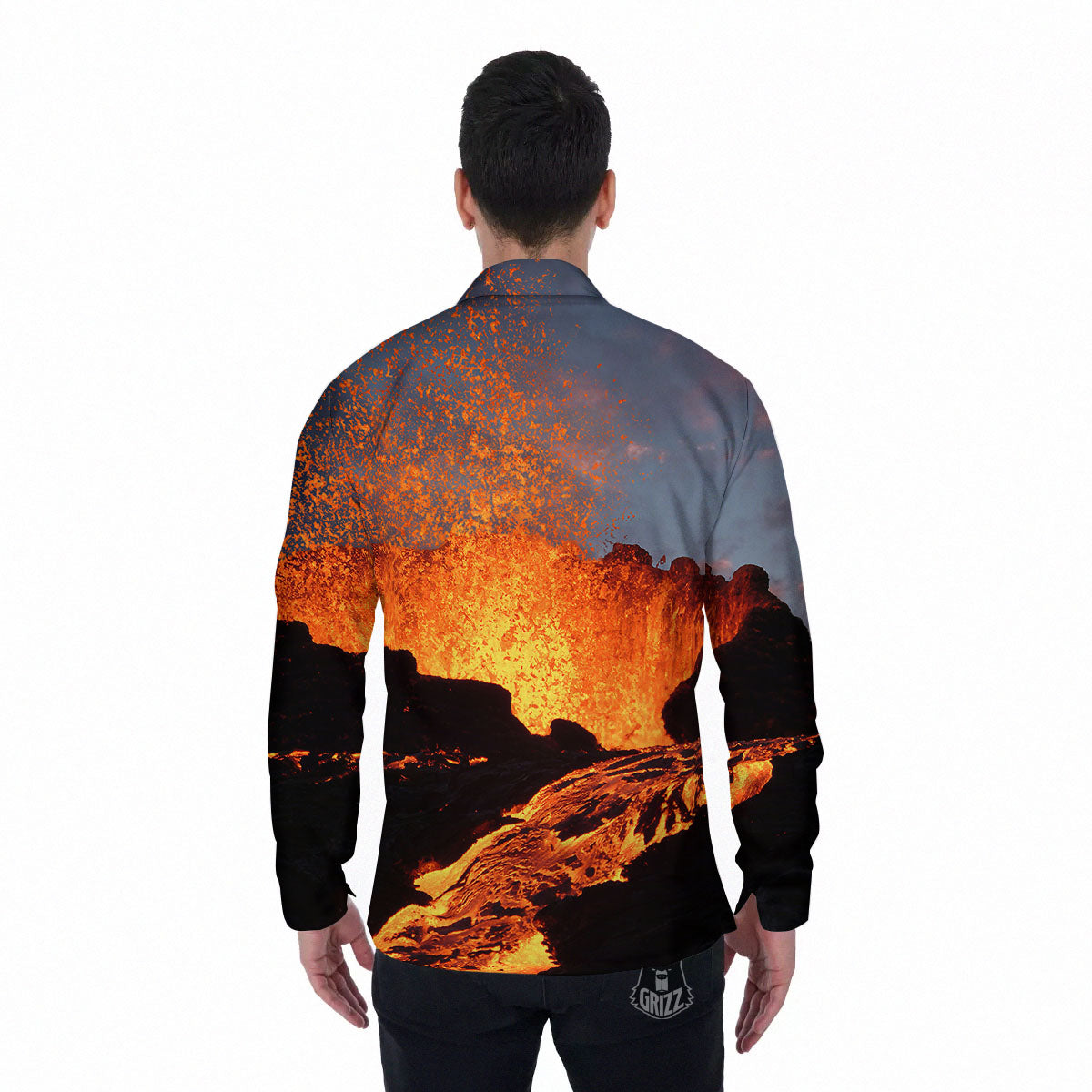 Lava Volcano Print Men's Long Sleeve Shirts-grizzshop