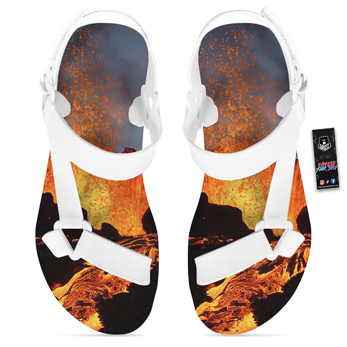 Lava Volcano Print White Open Toe Sandals-grizzshop