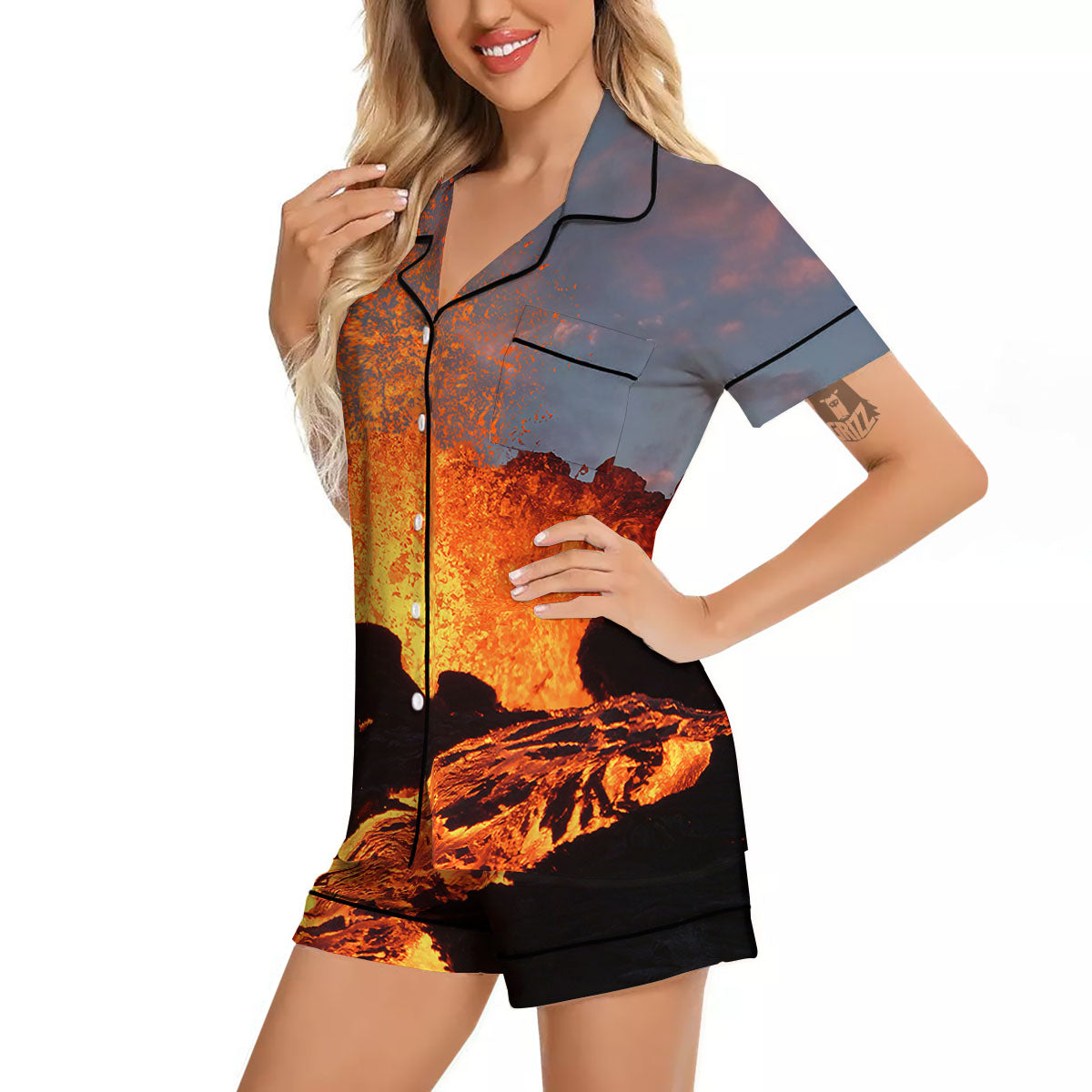 Lava Volcano Print Women Silk Pajamas-grizzshop