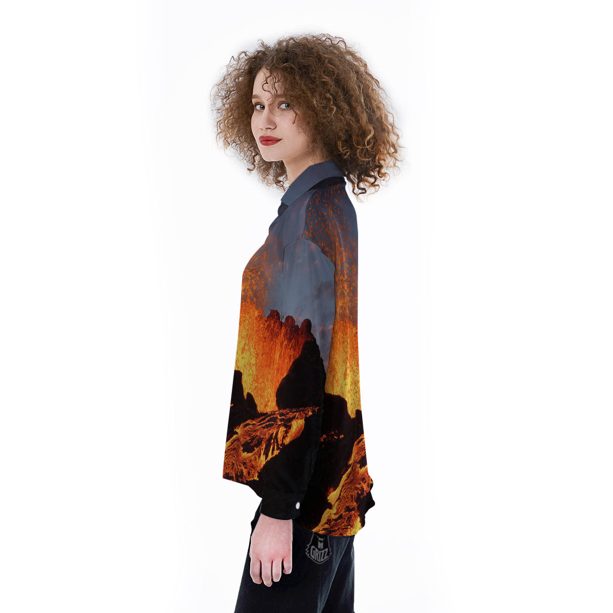 Lava Volcano Print Women's Long Sleeve Shirts-grizzshop