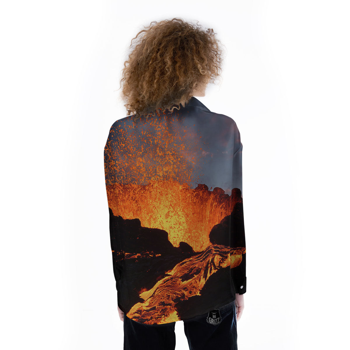 Lava Volcano Print Women's Long Sleeve Shirts-grizzshop