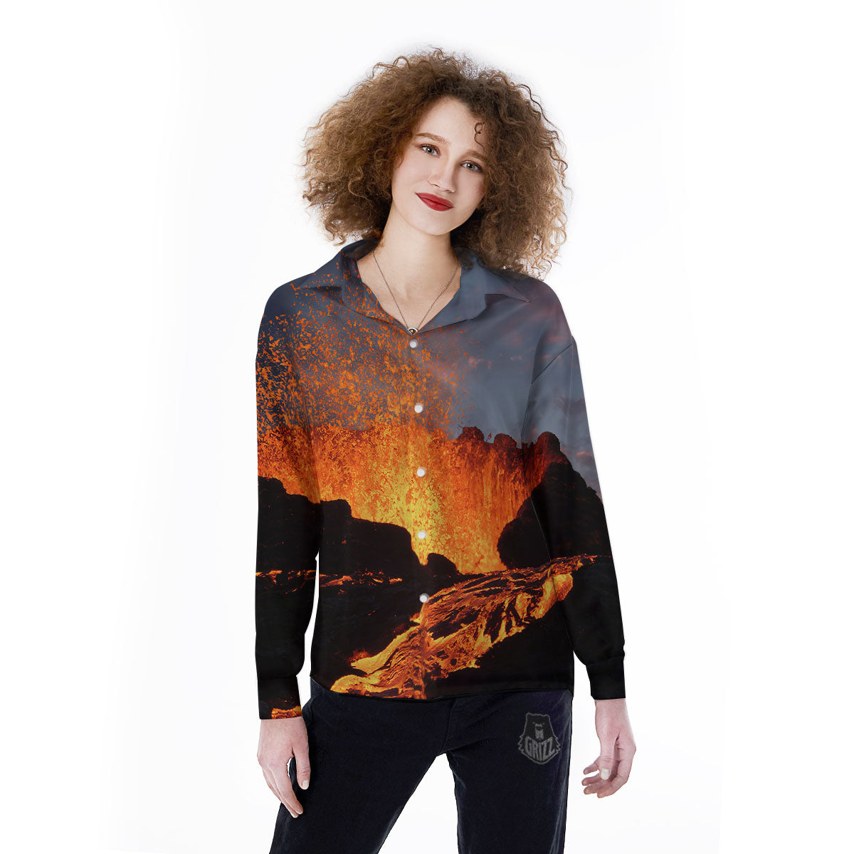 Lava Volcano Print Women's Long Sleeve Shirts-grizzshop