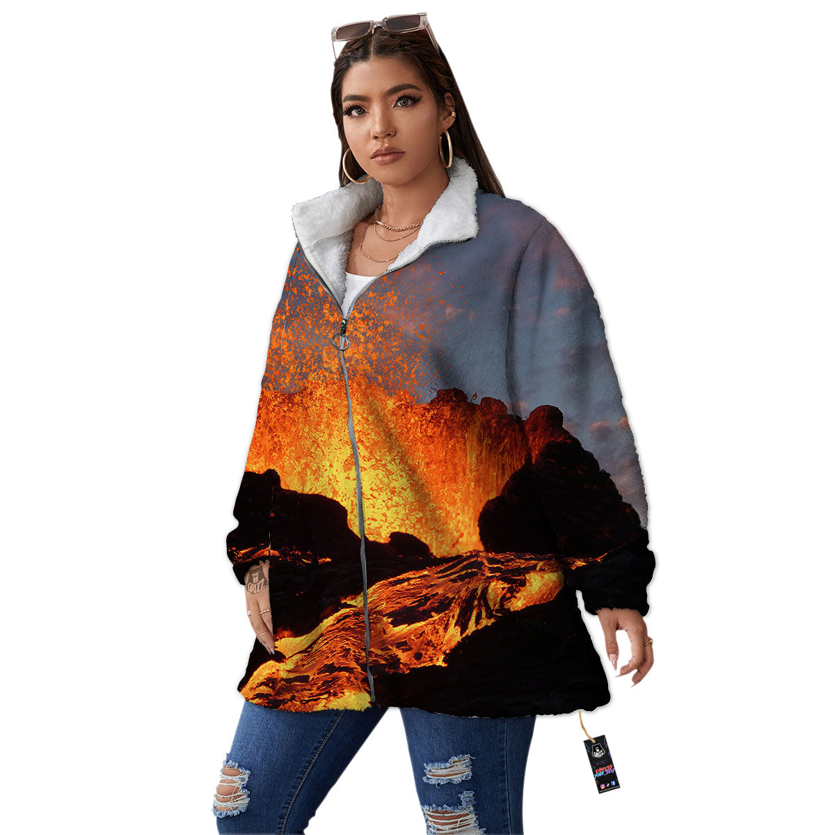 Lava Volcano Print Women's Sherpa Jacket-grizzshop
