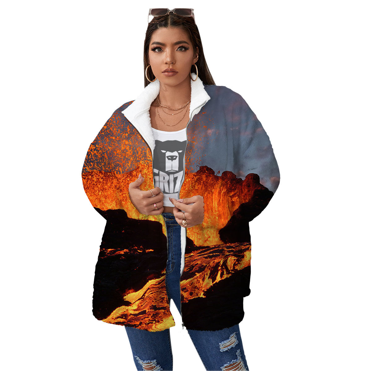 Lava Volcano Print Women's Sherpa Jacket-grizzshop
