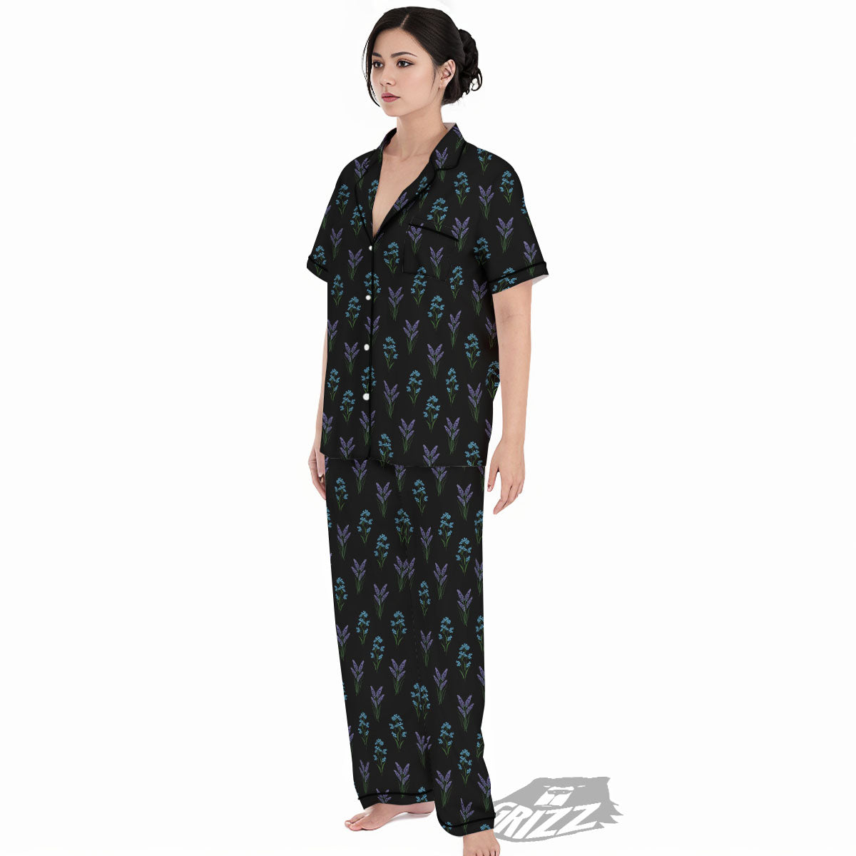 Lavender Embroidery Print Pattern Women's Pajamas Set-grizzshop