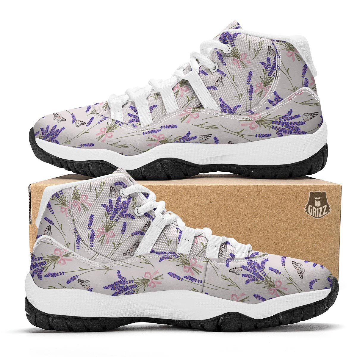 Lavender Floral Print Pattern White Bball Shoes-grizzshop