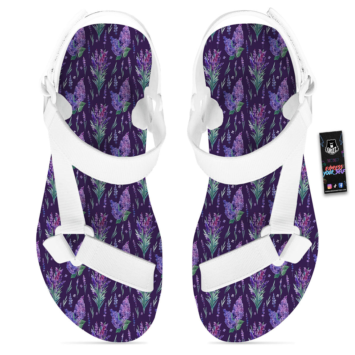 Lavender Purple Print Pattern White Open Toe Sandals-grizzshop