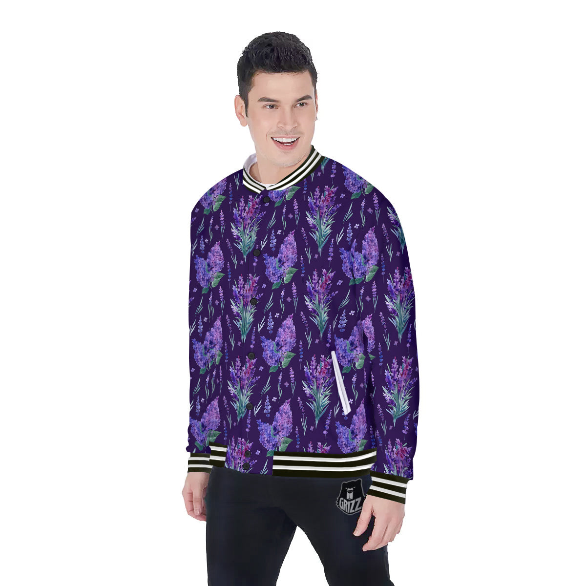 Lavender Watercolor Print Pattern Baseball Jacket-grizzshop