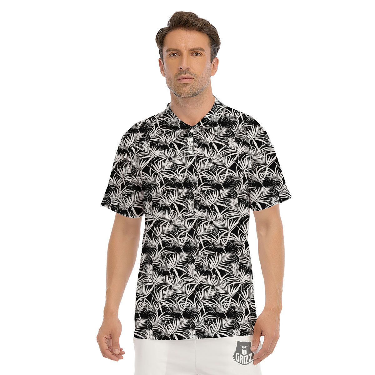 Leaf Aloha Black Palm Print Pattern Men's Golf Shirts-grizzshop