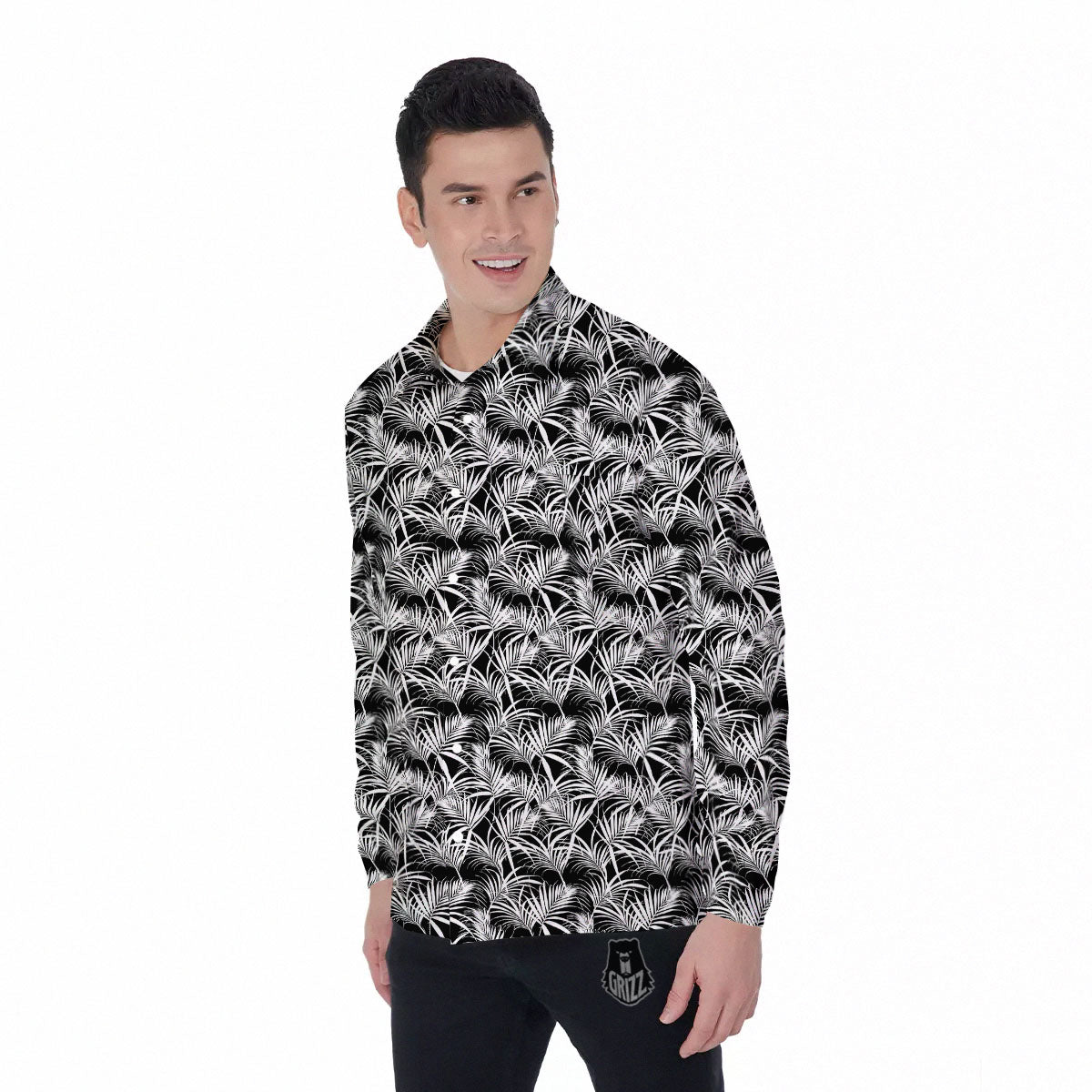 Leaf Aloha Black Palm Print Pattern Men's Long Sleeve Shirts-grizzshop