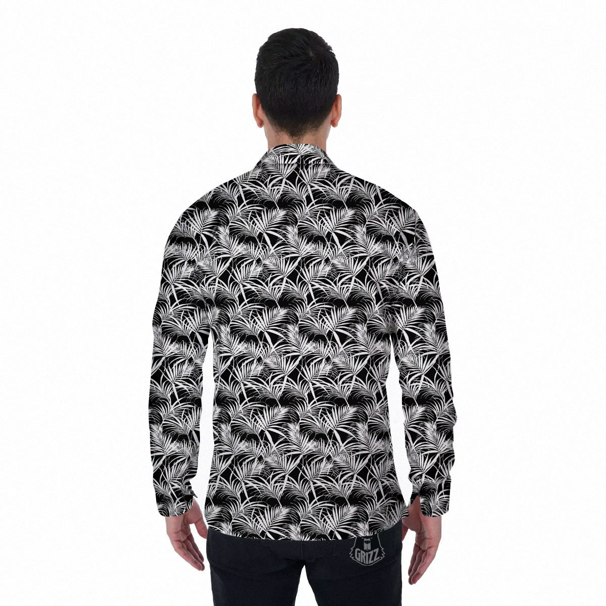 Leaf Aloha Black Palm Print Pattern Men's Long Sleeve Shirts-grizzshop