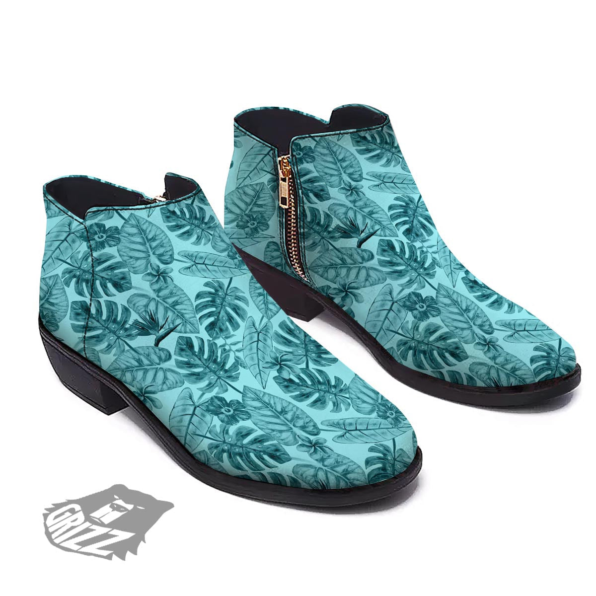 Leaf Flower Teal Hawaiian Print Pattern Ankle Boots-grizzshop