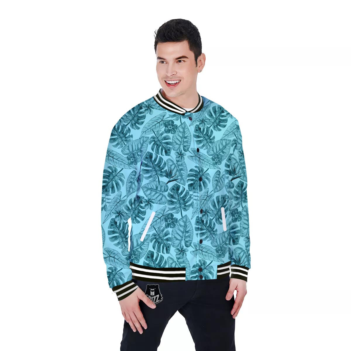 Leaf Flower Teal Hawaiian Print Pattern Baseball Jacket-grizzshop