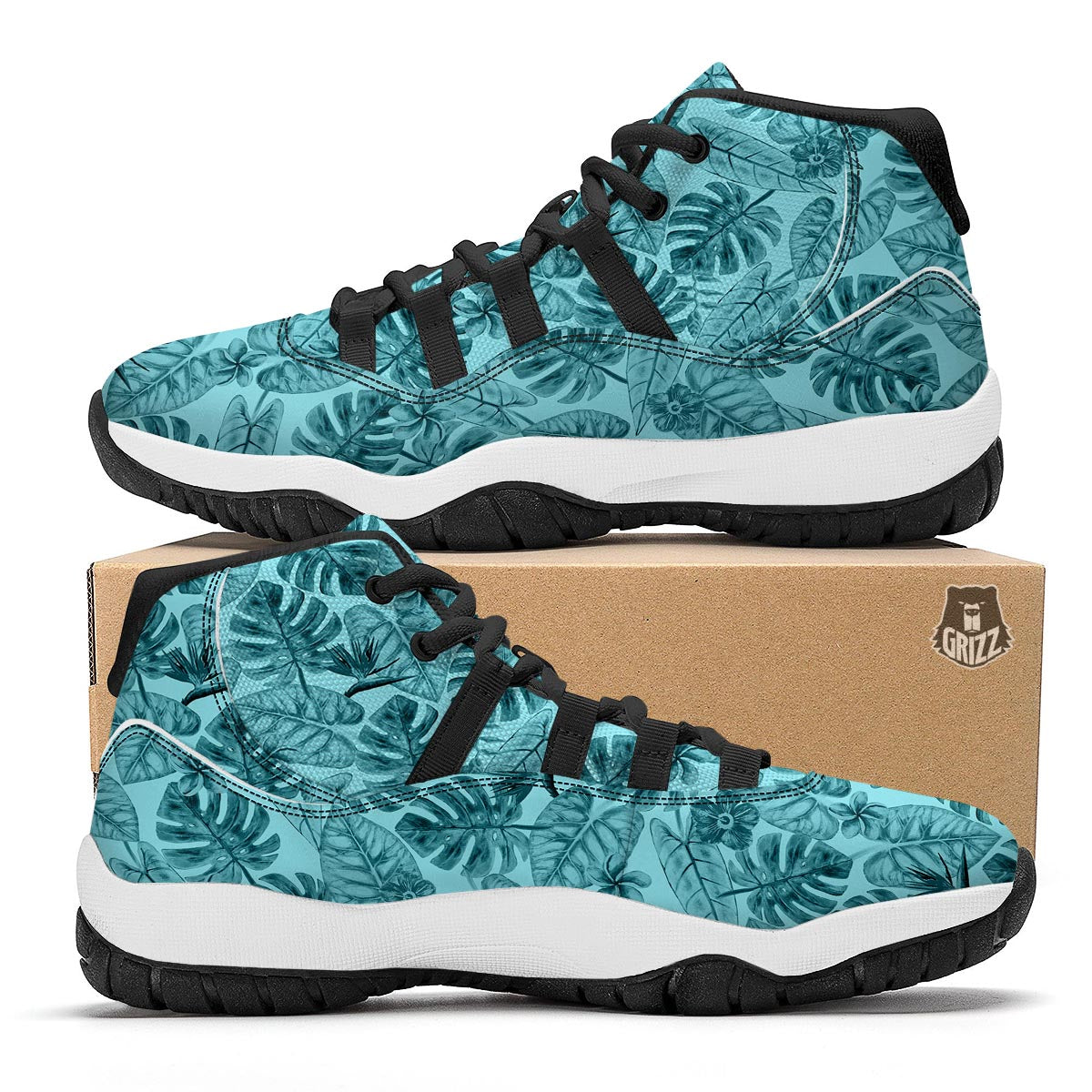 Leaf Flower Teal Hawaiian Print Pattern Black Bball Shoes-grizzshop