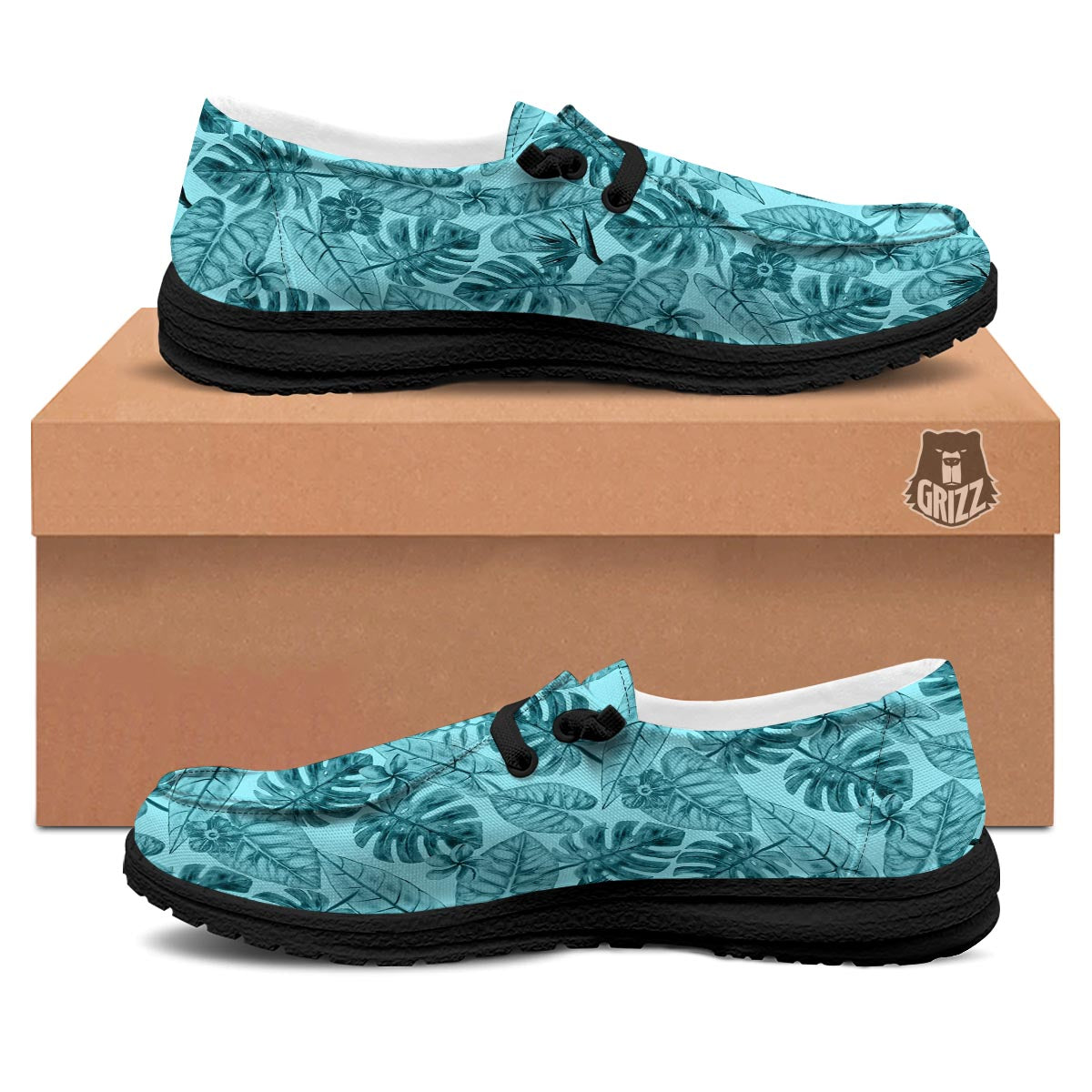Leaf Flower Teal Hawaiian Print Pattern Black Loafers-grizzshop