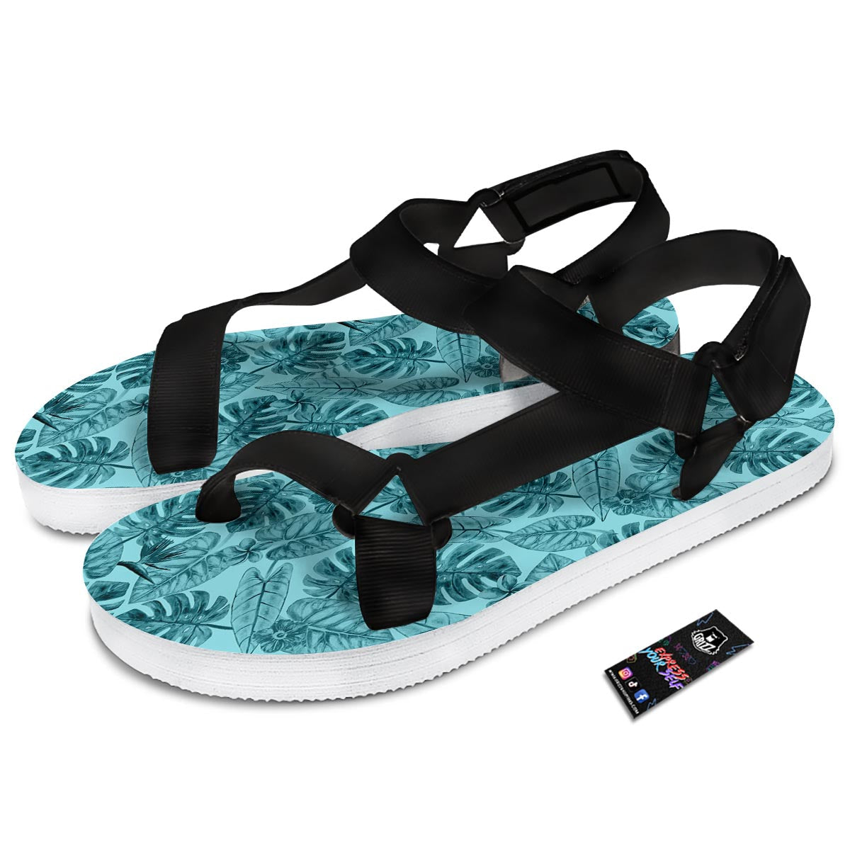Leaf Flower Teal Hawaiian Print Pattern Black Open Toe Sandals-grizzshop