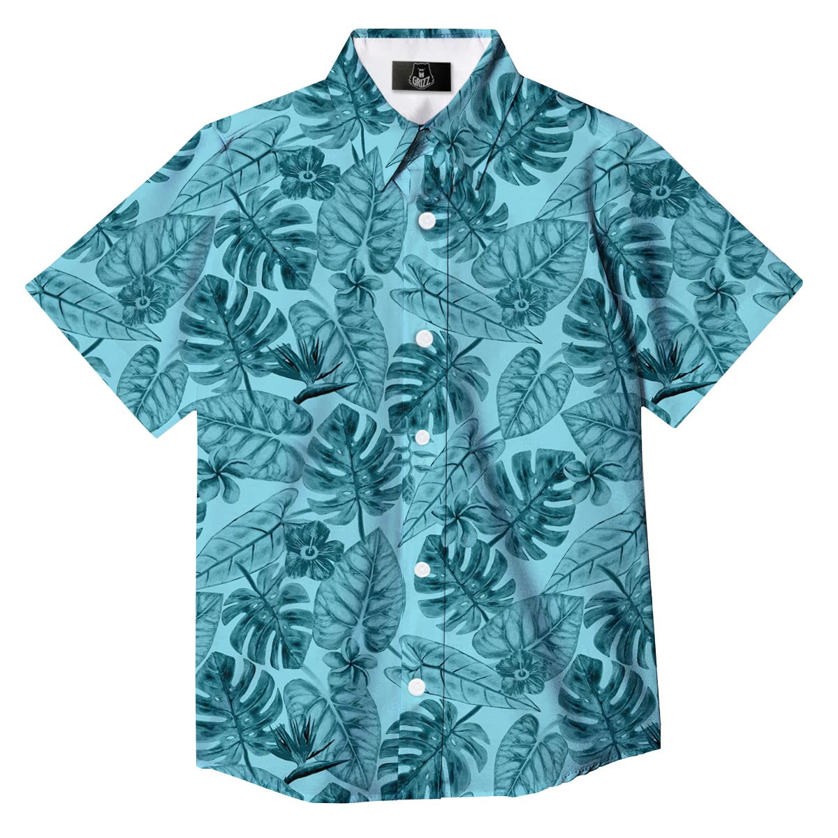 Leaf Flower Teal Hawaiian Print Pattern Button Up Shirt-grizzshop