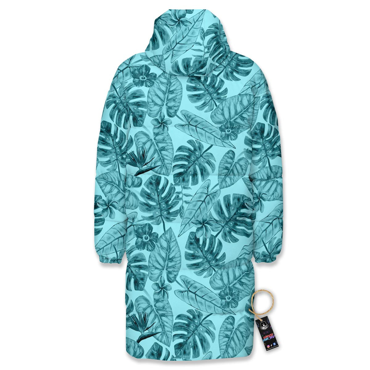 Leaf Flower Teal Hawaiian Print Pattern Long Down Jacket-grizzshop
