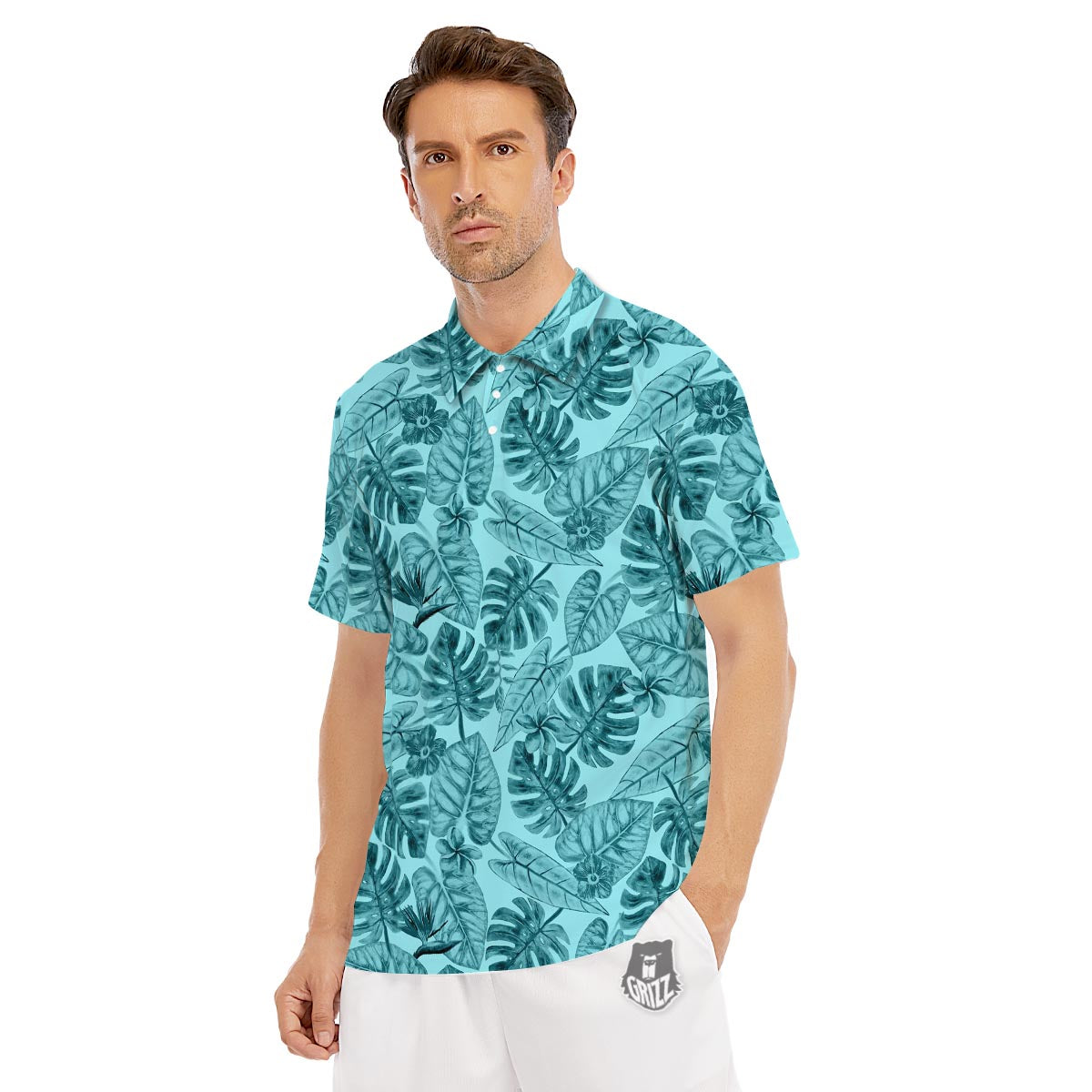 Leaf Flower Teal Hawaiian Print Pattern Men's Golf Shirts-grizzshop